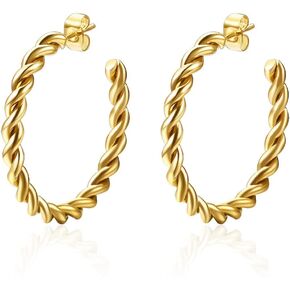 MYNENEY Chunky Gold/silver Hoop Earrings,14K Gold Plated Twisted Rope Round Earrings for Women Girls Gift (L-S Twist Earrings-Gold)