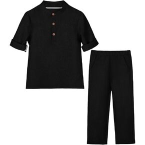 Boys 2 Piece Linen Outfit Kids Summer Clothes for Teen Boy Button Down Shirt and Pants Set