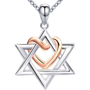 925 Silver Star of David pendant with Rose Gold Heart Necklace Mother Day Jewelry Gift for Mom Women Girls