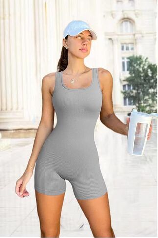 HOPYOP Women's Yoga Rompers Ribeed Workout Square Neck Tank Tops Sleeveless Exercise Rompe in Saudi Arabia