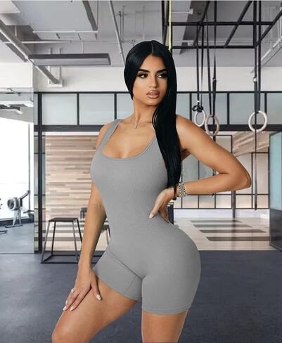 HOPYOP Women's Yoga Rompers Ribeed Workout Square Neck Tank Tops Sleeveless Exercise Rompe in Saudi Arabia