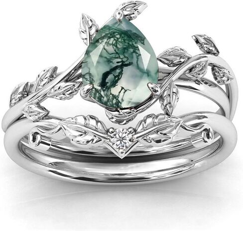 Natural Moss Agate Ring 925 Sterling Silver Moss Agate Ring Set Promise Ring Engagement Wedding Jewelry Gift for Women #6 in Kuwait