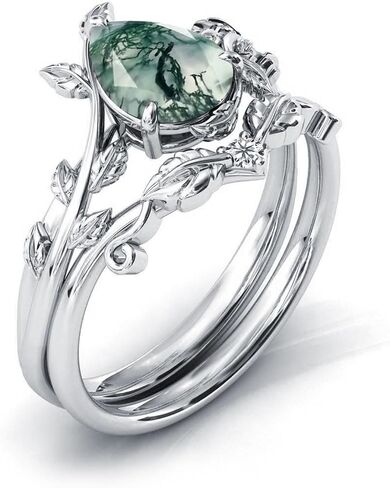 Natural Moss Agate Ring 925 Sterling Silver Moss Agate Ring Set Promise Ring Engagement Wedding Jewelry Gift for Women #6 in Kuwait