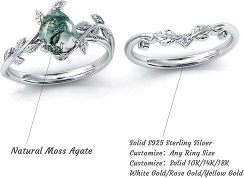 Natural Moss Agate Ring 925 Sterling Silver Moss Agate Ring Set Promise Ring Engagement Wedding Jewelry Gift for Women #6 in Kuwait