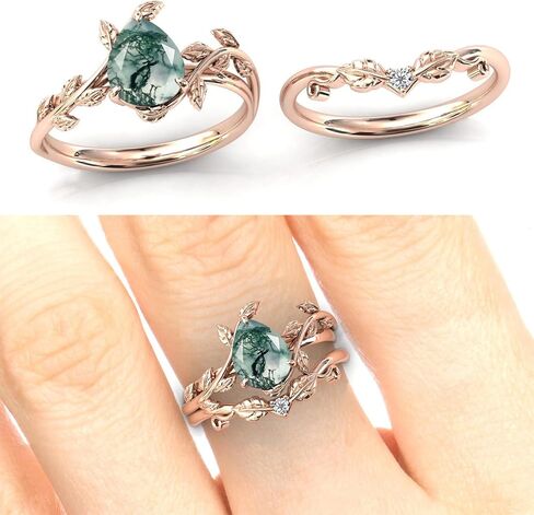 Natural Moss Agate Ring 925 Sterling Silver Moss Agate Ring Set Promise Ring Engagement Wedding Jewelry Gift for Women #6 in Kuwait