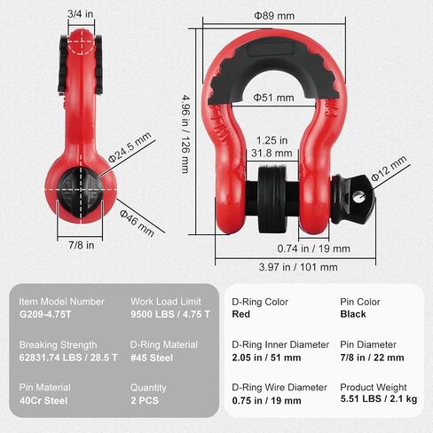 VEVOR 3/4" D-Ring Shackle, 2 Pack Alloy Steel Shackles 62832 lbs (28.5 Ton) Break Strength with 7/8" Screw Pin, Isolators & Washers, Heavy Duty Off Road Vehicle Recovery Shackle for Jeep Truck, Red in Saudi Arabia
