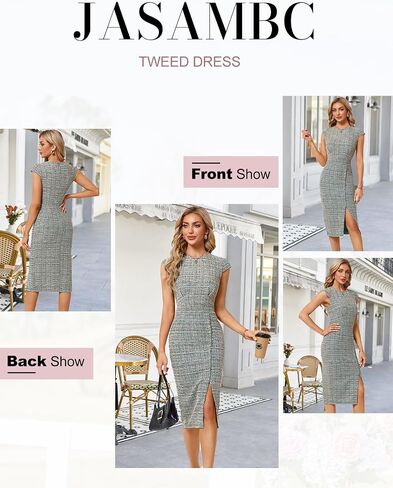 JASAMBAC Womens Work Pencil Dresses Vintage Tweed Slim Dress Cap Sleeve Crew Neck Office Bodycon Midi Dress in Saudi Arabia