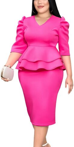 Women V-Neck Plus Size Peplum Dress Church Wear to Work Bodycon Short Sleeve Midi Dresses in Saudi Arabia