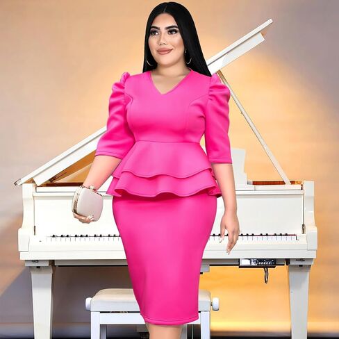 Women V-Neck Plus Size Peplum Dress Church Wear to Work Bodycon Short Sleeve Midi Dresses in Saudi Arabia
