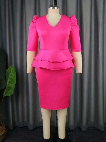 Women V-Neck Plus Size Peplum Dress Church Wear to Work Bodycon Short Sleeve Midi Dresses in Saudi Arabia