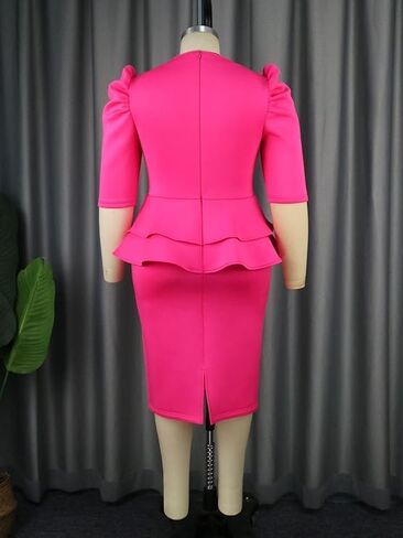 Women V-Neck Plus Size Peplum Dress Church Wear to Work Bodycon Short Sleeve Midi Dresses in Saudi Arabia