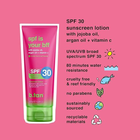 b.tan واقي من الشمس spf 30. spf هو صديقك المفضل SPF30. لم يتم الإساءة إلى الحيوانات لتصنيعه، ونباتي وصديق للشعاب المرجانية. واقي شمسي خفيف الوزن وشفاف لجميع أنواع البشرة. حماية واسعة الطيف مع لمسة نهائية رطبة غير لامعة. 7 أونصة سائلة in Kuwait