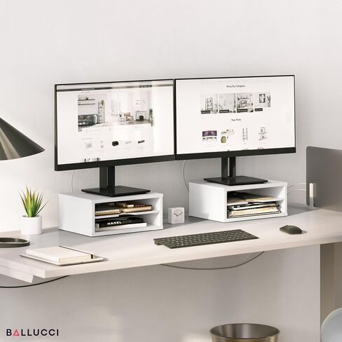 Ballucci File Organizer, 2-Tier Document Paper Sorter, Stackable Wood Desk Organizer Mail Holder, Monitor Stand with Storage Shelves, White in Saudi Arabia