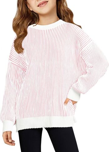 Haloumoning Girls Striped Pullover Sweaters Chenille Crew Neck Cable Knit Tops 5-14 years in Saudi Arabia