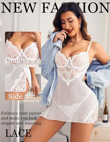 ملابس داخلية Avidlove Underwire للنساء من الدانتيل بيبي دول قميص نوم شبكي بفتحة جانبية ورقبة على شكل حرف V in Saudi Arabia