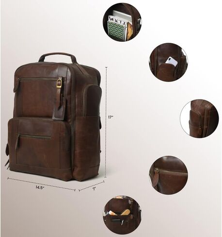 Gratlin Buffalo Leather Backpack for Men & Women | Multi Pockets Leather Laptop Backpack | Vintage Genuine Men's Brown Leather Backpacks Rucksack Knapsack for Travel Trekking Camping Business in Kuwait
