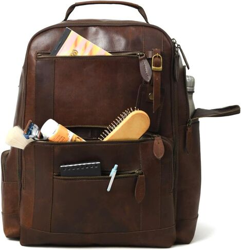 Gratlin Buffalo Leather Backpack for Men & Women | Multi Pockets Leather Laptop Backpack | Vintage Genuine Men's Brown Leather Backpacks Rucksack Knapsack for Travel Trekking Camping Business in Kuwait