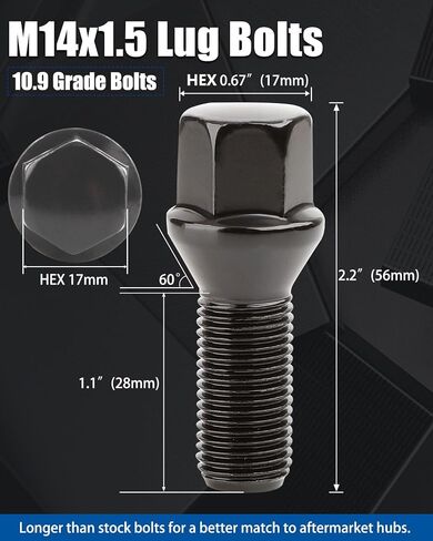 GAsupply 14x1.5 28mm Shank Lug Bolts, 20pcs Black Conical Seat 56mm Tall Lug Studs for Wheel Spacers, 17mm Hex in Saudi Arabia
