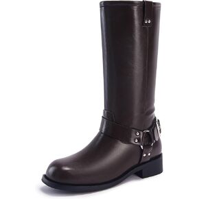 Coutgo Womens Mid Calf Boots Chunky Low Heel Riding Motorcycle Biker Boots Square Toe Pull on Boot Shoes with Buckle