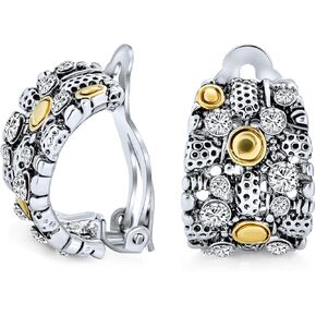 Half Hoop Shrimp Style Two Tone Caviar Bead Braided Crossover Wire Dome Clip On Earrings For Women Non Pierced Ears Oxidized Silver Gold Plated Brass