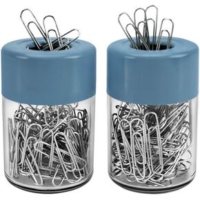 Acrimet Magnetic Paper Clip Holder Dispenser, Round Design, 100 Regular Paper Clip Capacity (Clear Crystal Base/ Blue Magnetic Lid) (2 pack)