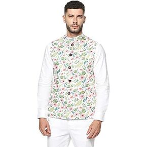 White Floral Print Men's Nehru Jacket, Indian Festival & Wedding Outfit (44)