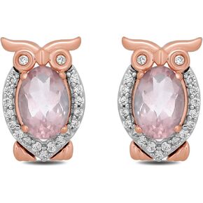 Jewelili Enchanted Disney Fine Jewelry Sterling Silver & 10K Rose Gold 6x4MM Oval Shape Pink Quartz and 1/10 Cttw Natural White Round Diamond Aurora Owl Stud Earrings