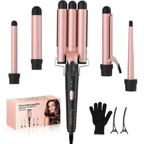 Wand Curling Iron, 5 in 1 Curling Wand Set with 3 Barrel Hair Crimper, Interchangeable Ceramic Hair Curlers Wand, Dual Voltage Hair Waver, Fast Heating Hair Styling Tool w/Glove