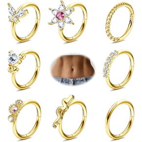 Drperfect 14G Belly Button Rings Hoop for Women Stainless Steel Belly Rings Hinged Seamless Clicker Navel Belly Rings Hoop CZ Butterfly Snake Belly Piercing Jewelry Gold Silver 10/12mm