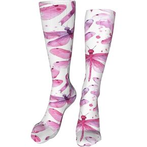 Pink Dragonflies with Cancer Ribbons Compression Socks for Kids Boys Girls, Knee High Soccer Socks Long Tube Funny Gifts for Running Sports Travel 19.8in