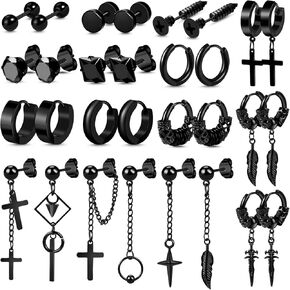 ONESING 31 Pcs Men Earrings Set Black Stainless Steel Dangle Hoop Ear Stud Punk Kpop Piercing Jewelry for Unisex Earrings for Men Women