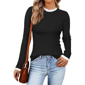ZESICA Womens Long Sleeve Ruffle Sweaters 2024 Fall Crewneck Color Block Slim Fit Basic Casual Knit Pullover Sweater Tops