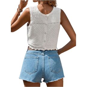 GORGLITTER Women's Crochet Knit Sweater Tank Top Sleveless Button Down Back Scallop Round Neck Sweater Vest
