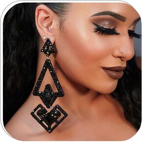 XSBODY Rhinestone Black Dangle Earrings for women Crystal Geometric Drop Statement Earrings Costume Jewelry