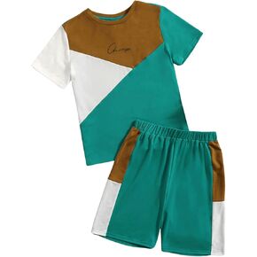 SweatyRocks Boy's 2 Piece Outfits Color Block Letter Print Short Sleeve Tee Top and Shorts Clothing Set