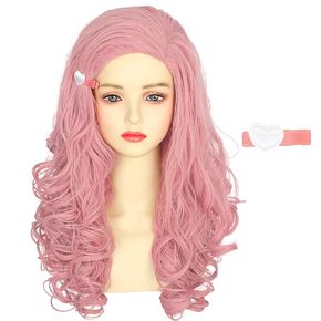 Women Adult Long Pink Wave Wig with Barrette Halloween Cosplay Party Costume Wig