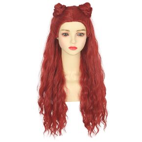 Women Adult Long Red Curly Wig with Buns Halloween Cosplay Party Costume Wig