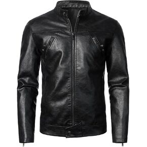 HOOD CREW Men’s Faux Leather Jacket Cool Biker Jackets Vintage Stand Collar Lightweight Leather Outwear Coat