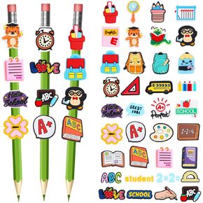 JUNEBRUSHS Pencil Clip Topper, 36Pcs Back to School Pencil Topper Decoration Cute Pencil Charms for School Classroom Students Reward Prizes Gifts