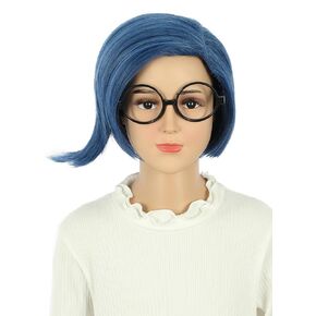 Girls Short Blue Bob Wig with Glasses Halloween Cosplay Party Costume Wig