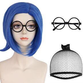 BESTBEL+Glasses+Hair Cap Sadness Wig Short Blue Wig for Women Short Bob Wig Blue Anime Wig for Halloween Cosplay Womens Cosplay Outfit Wig Synthetic Wig for Costume Party