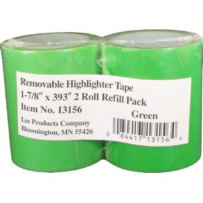 Lee Products Co. Lee Removable Wide Highlighter Note Tape, 1-7/8 X 393 in, Green, Pack of 2