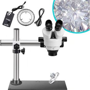 DZQ Stereo Microscope 7X-45X Magnification, Jewelry Microscope 0X/0.5X/2.0X Objective Lenses, Micro Inlaid Mirror WF10X Eyepieces, Articulating Arm Stand with Base Plate, 60-Bulb LED Ring Light(ZQ-2)