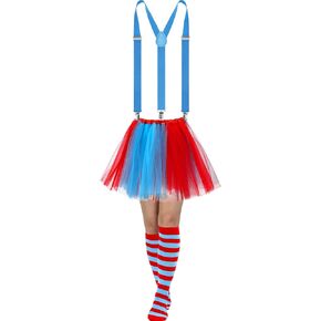 Sintege 3 Pcs Women's Halloween Costume, 3 Layered Tulle Tutu Skirt Y Back Adjustable Elastic Straps Striped Socks