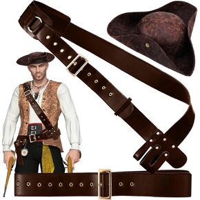 Halloween Pirate Costume Accessories Pirate Bandolier Belt Faux Leather Pirate Hat Viking Belt Colonial Style Tricorn Hat for Men Women Adults Knight Assassin Warrior Pirate Costume Cosplay