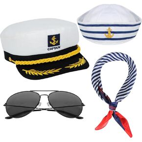 4 Pcs Yacht Captain Hat Sailor Ship Cap Scarf Sunglasses Sailor Hat Boat Captains Dressing up Party Costume Accessories for Men Women