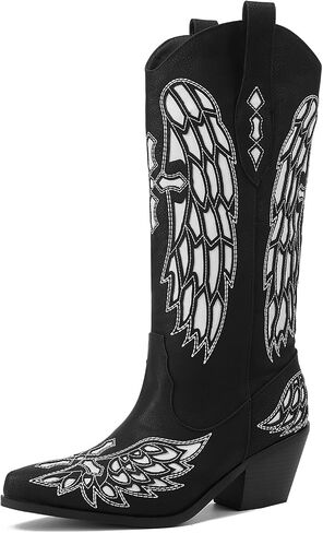 Cowboy Boots for Women - Metallic Mid Calf Cowgirl Boots with Embroidery Sparkly Western Wide Calf Short Boots Fashion Pull on Pointy Toe Chunky Stacked Heel 2.5" in Saudi Arabia