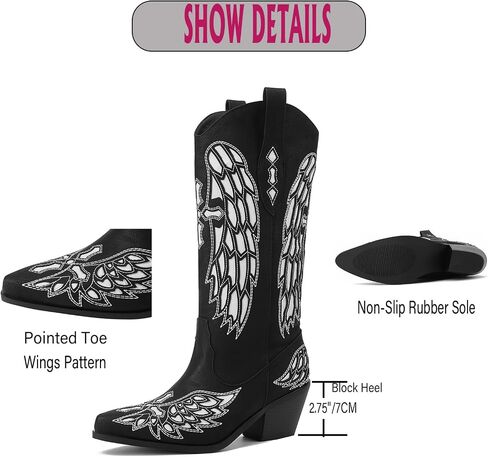 Cowboy Boots for Women - Metallic Mid Calf Cowgirl Boots with Embroidery Sparkly Western Wide Calf Short Boots Fashion Pull on Pointy Toe Chunky Stacked Heel 2.5" in Saudi Arabia