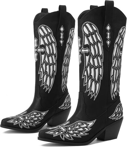 Cowboy Boots for Women - Metallic Mid Calf Cowgirl Boots with Embroidery Sparkly Western Wide Calf Short Boots Fashion Pull on Pointy Toe Chunky Stacked Heel 2.5" in Saudi Arabia