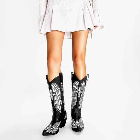 Cowboy Boots for Women - Metallic Mid Calf Cowgirl Boots with Embroidery Sparkly Western Wide Calf Short Boots Fashion Pull on Pointy Toe Chunky Stacked Heel 2.5" in Saudi Arabia